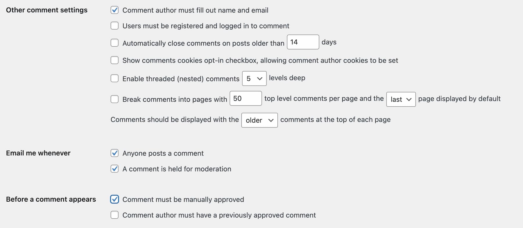 WordPress comments options